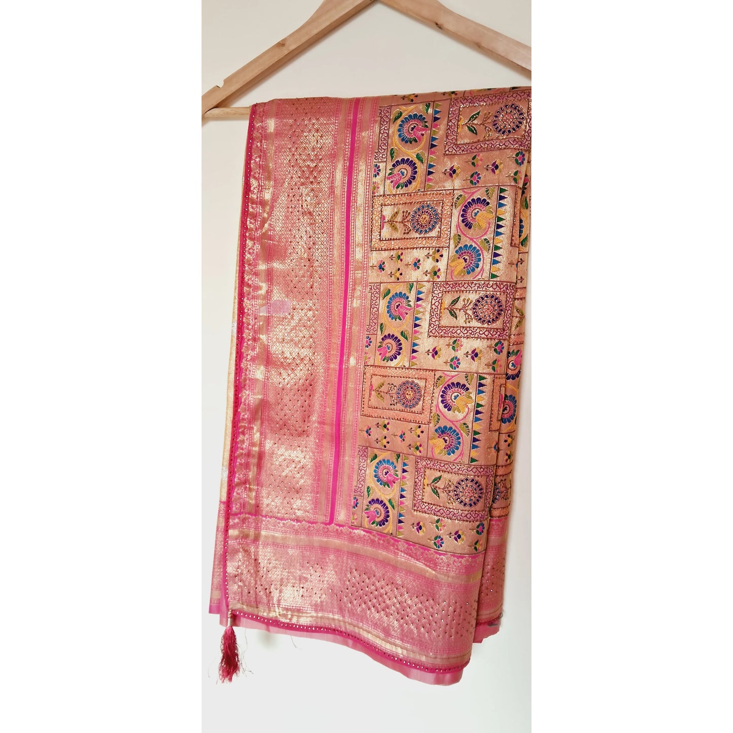 Silk Golden saree with pink border