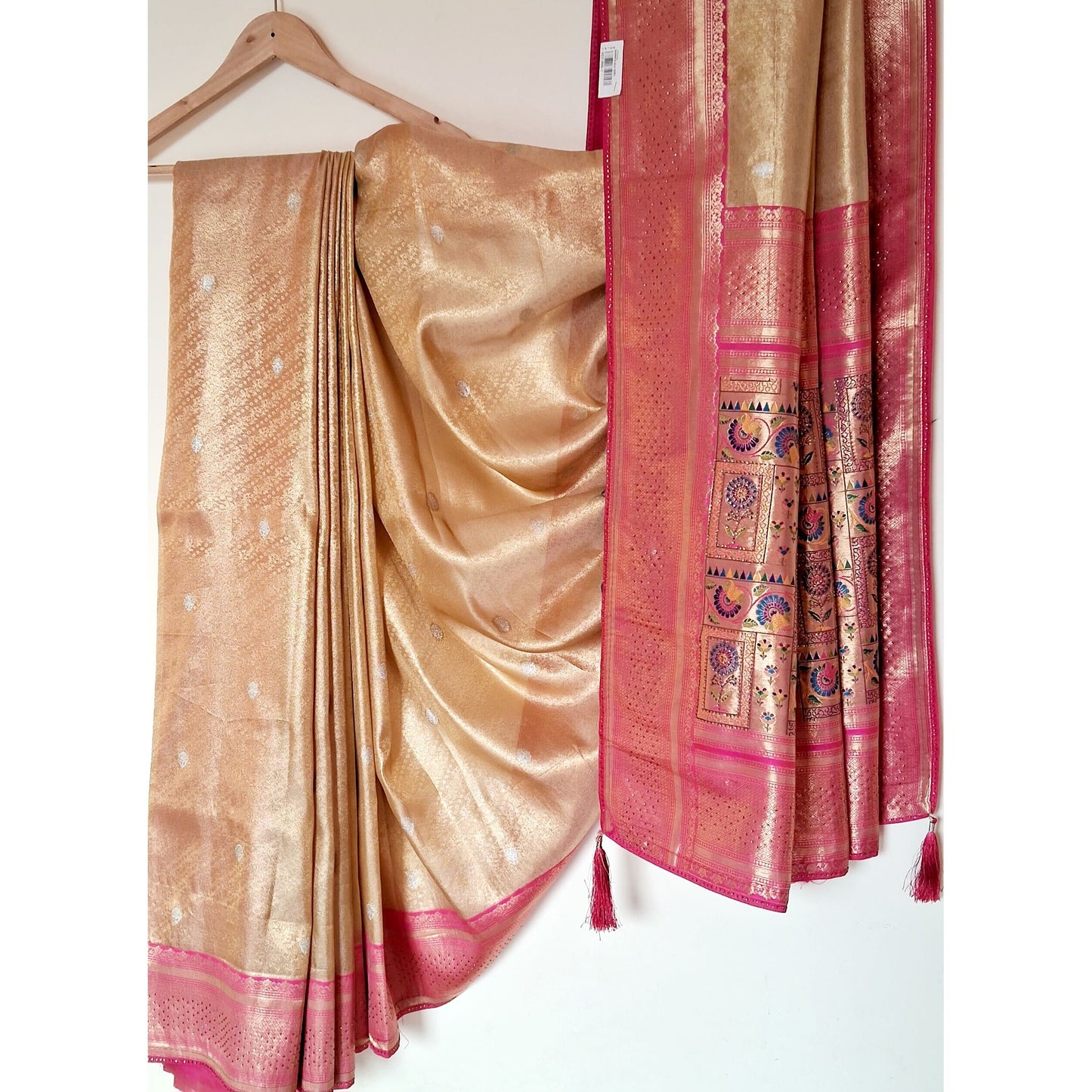 Silk Golden saree with pink border