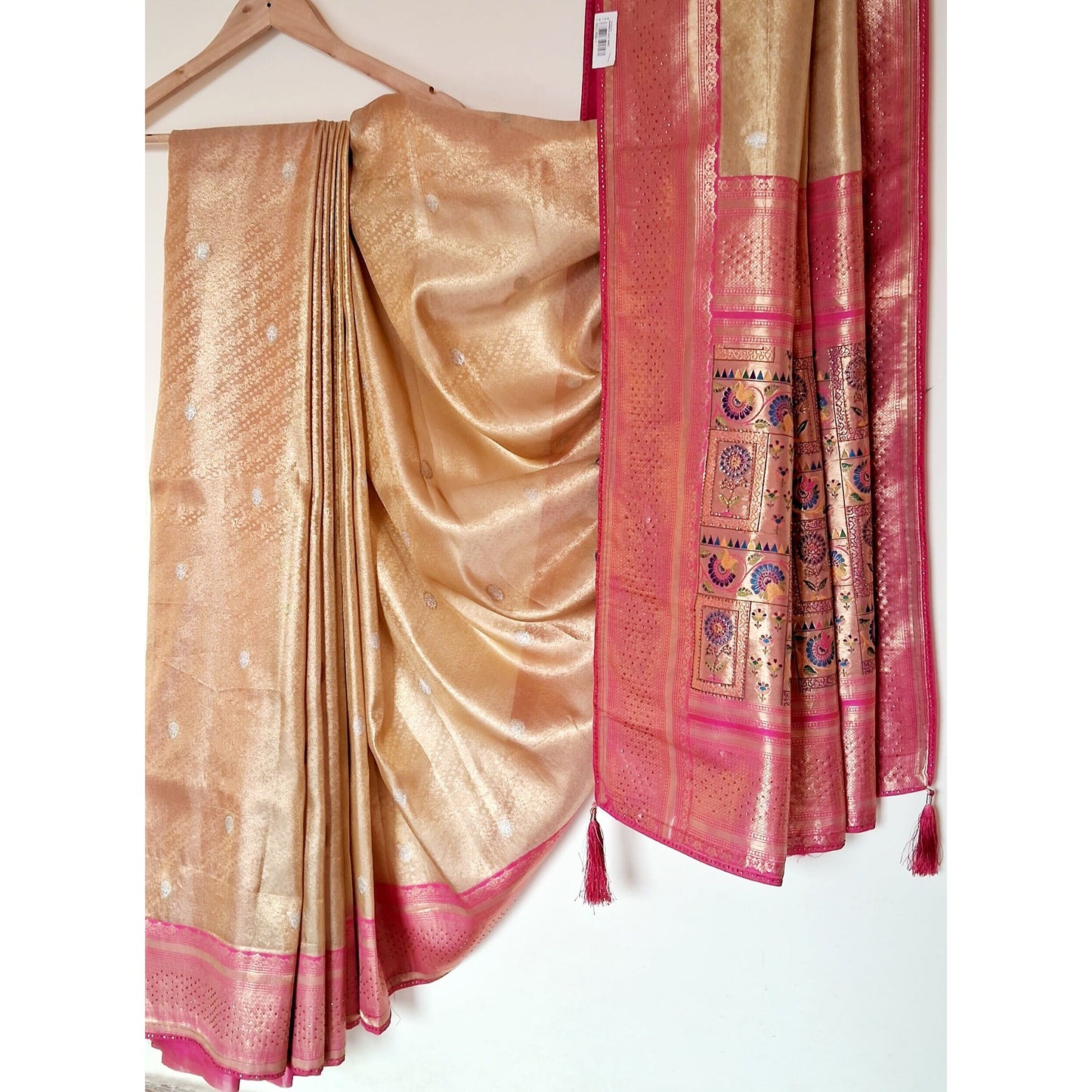 Silk Golden saree with pink border
