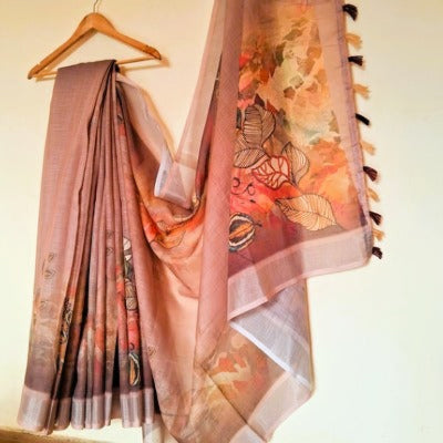 Beautiful Brown Linen Saree with Tassels