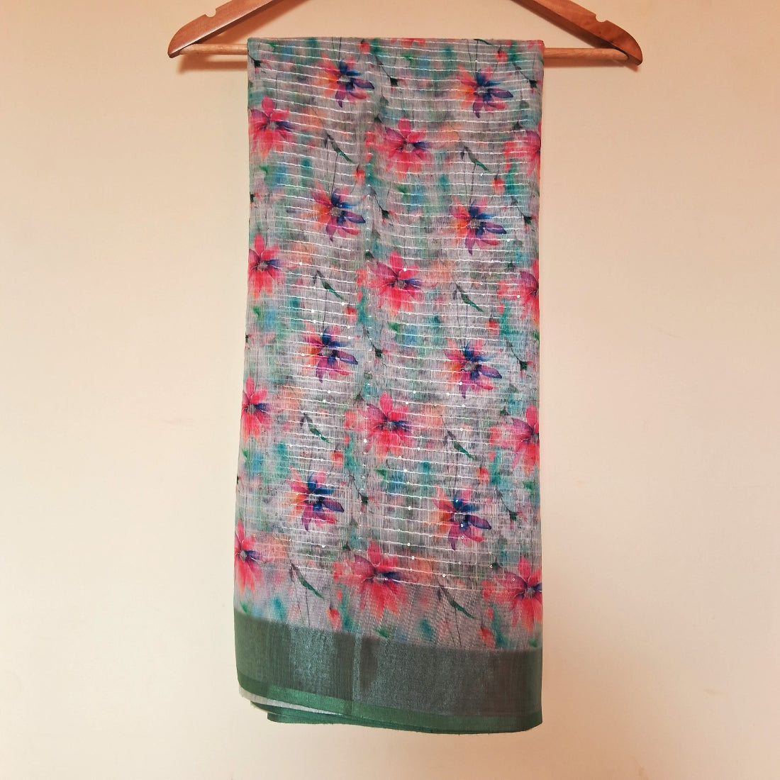 Light Green Floral (Lily) Print Linen Saree