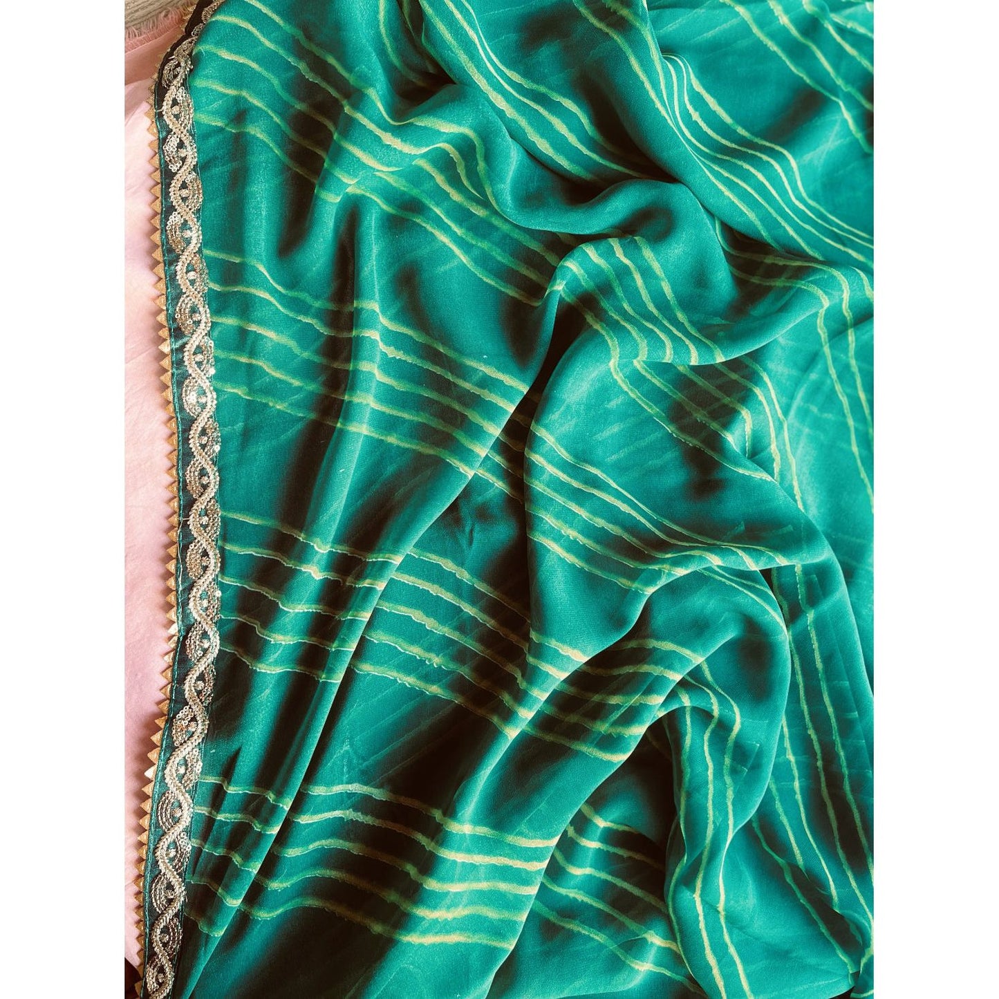 Green Leheriya Print Saree with Intricate Designer Lace