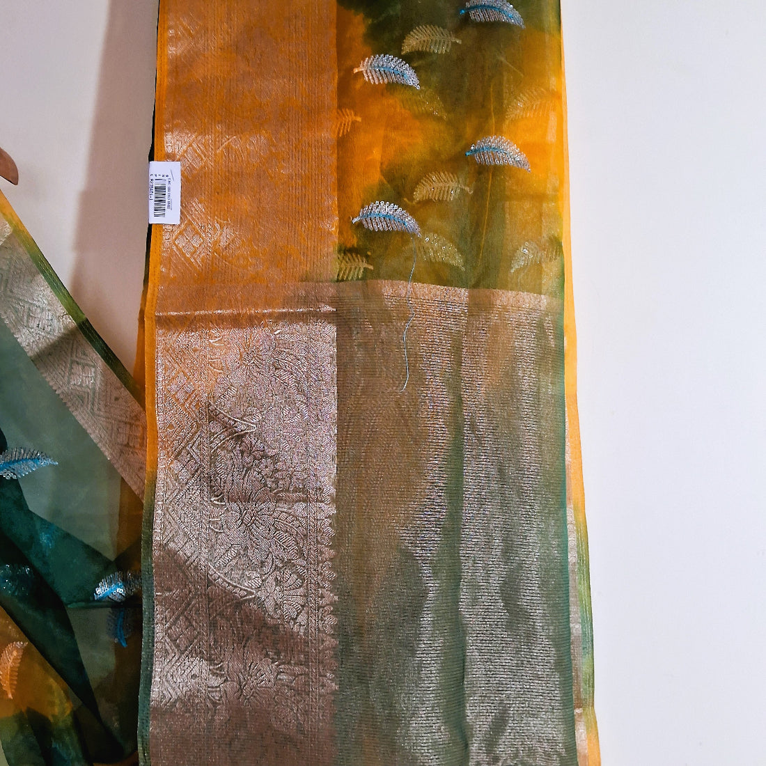Green and Yellow Organza Saree with Zari Border