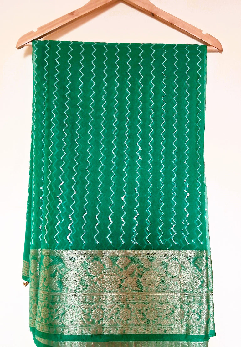Green Organza Saree with Banarasi Zari Border