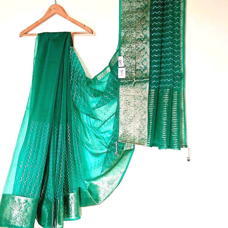 Green Organza Saree with Banarasi Zari Border