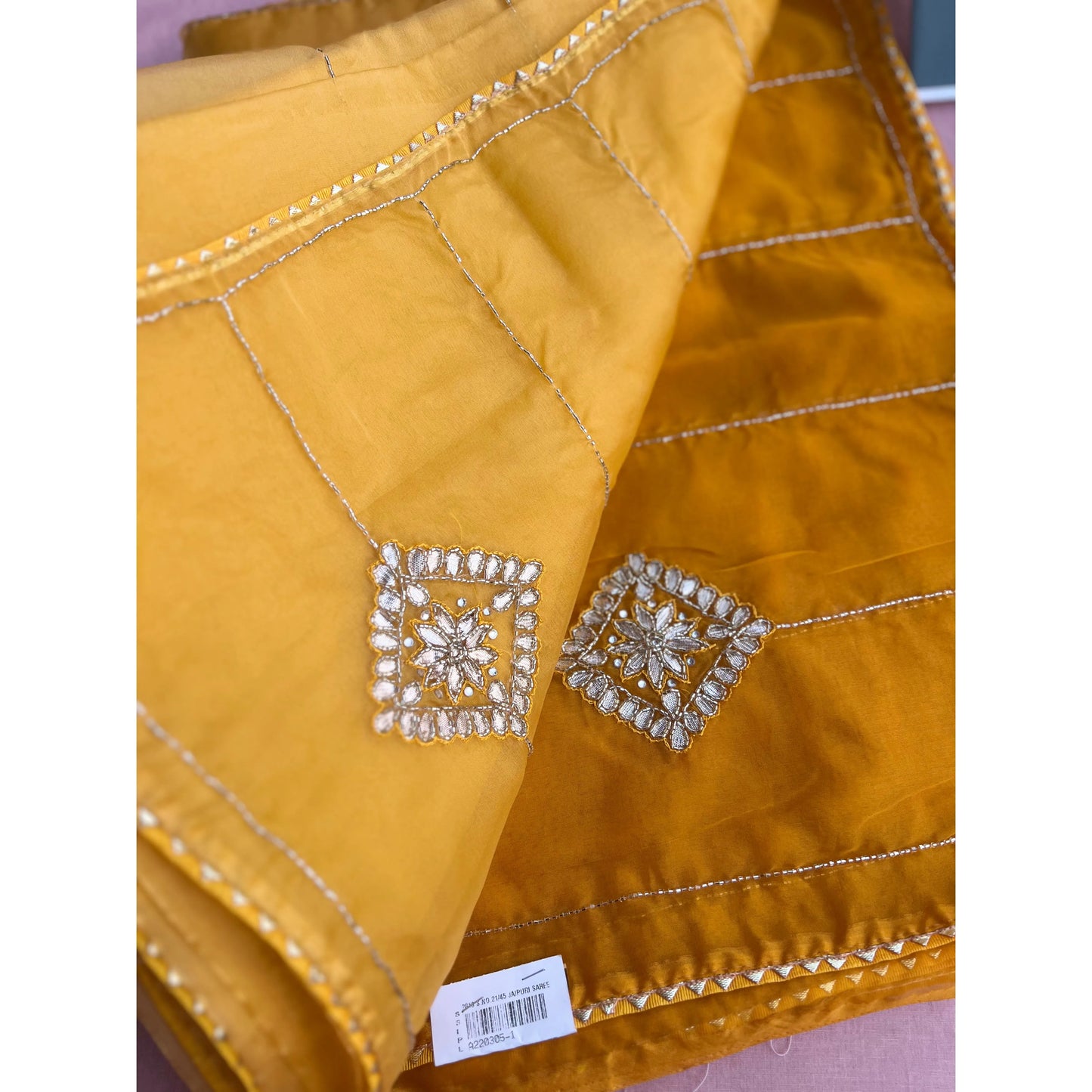 Mustard Yellow Organza Saree with Sequins and Gotta Patti work