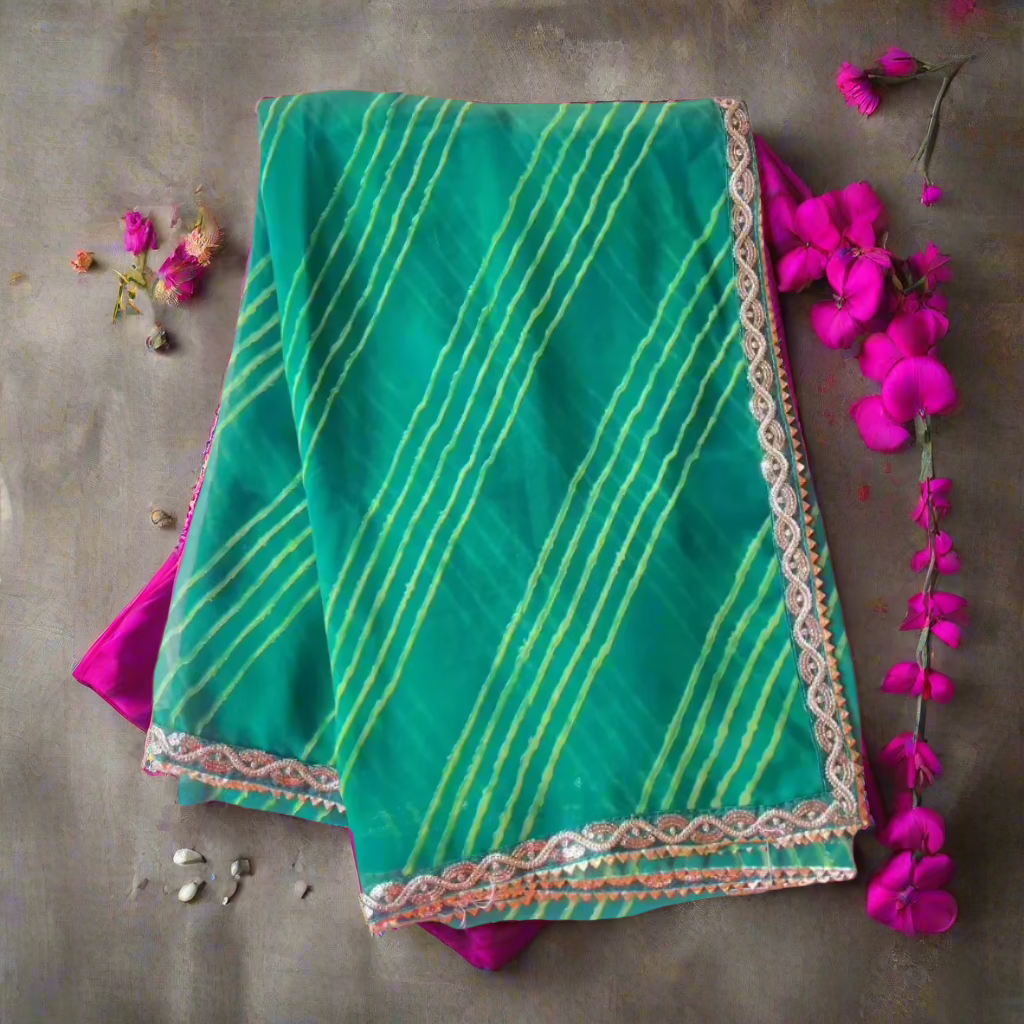 Green Leheriya Print Saree with Intricate Designer Lace
