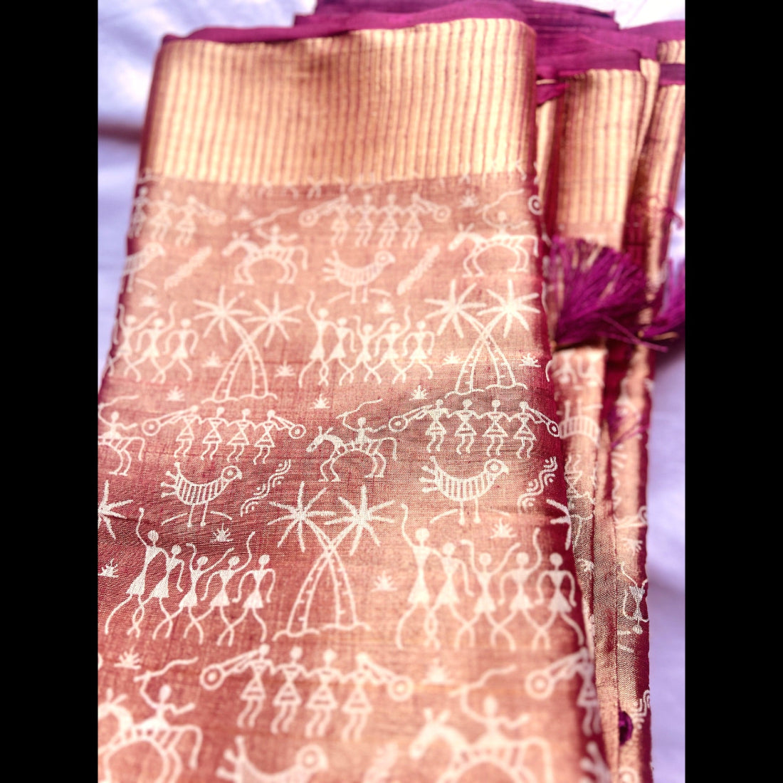 Copper Gold and Tribal Print Glass Tissue Saree