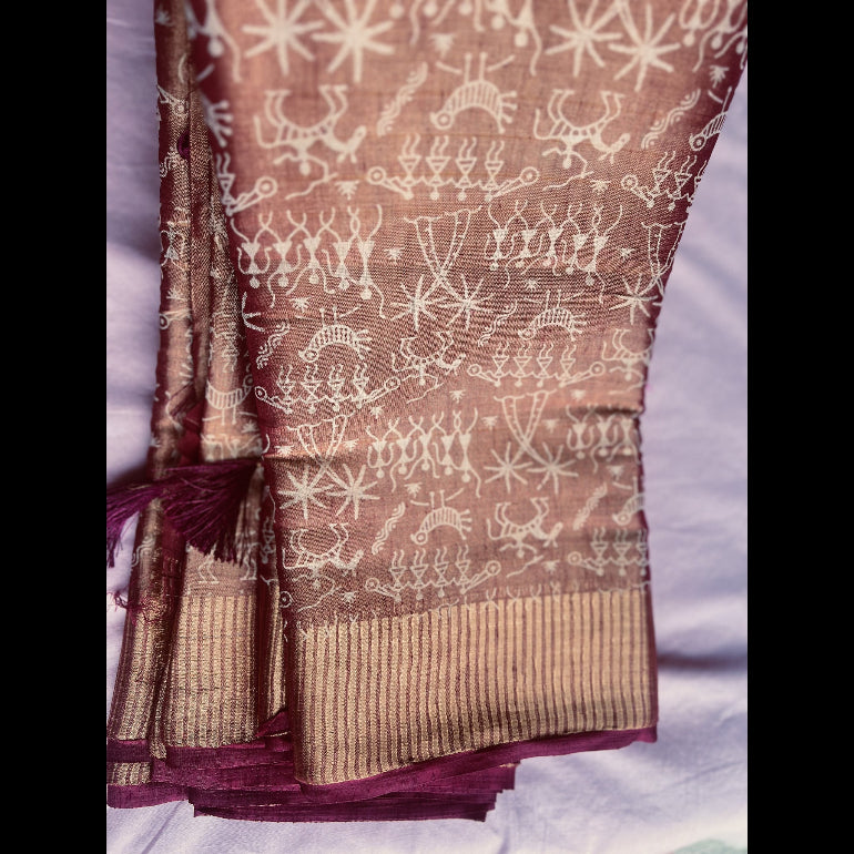 Copper Gold and Tribal Print Glass Tissue Saree