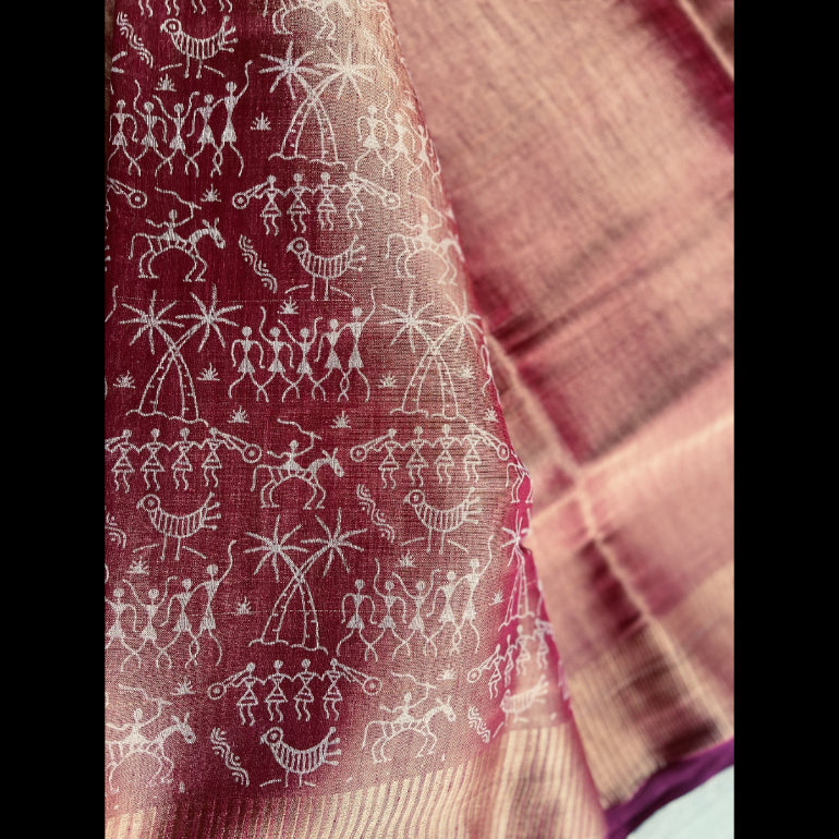 Copper Gold and Tribal Print Glass Tissue Saree
