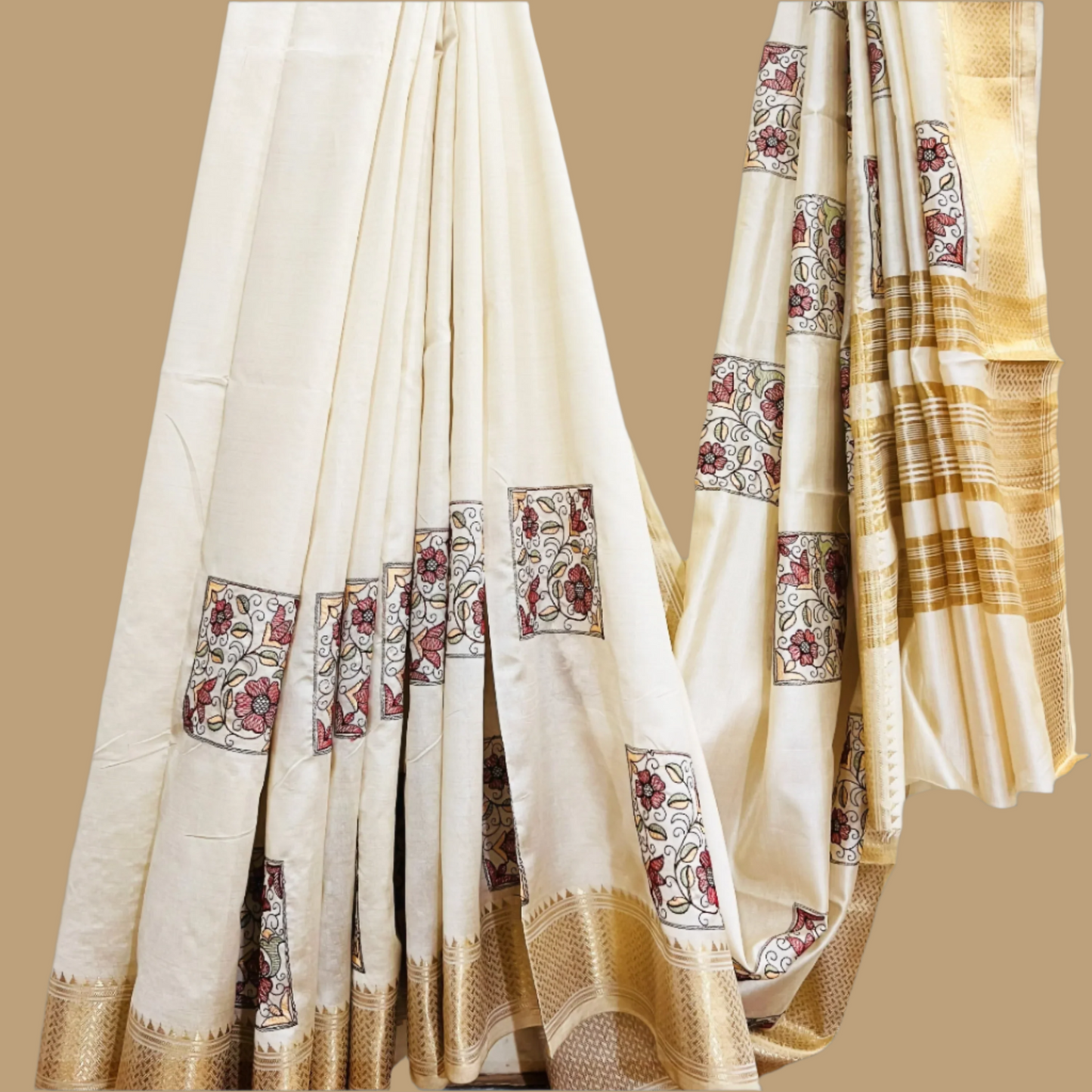 Ivory color Saree with Golden Border