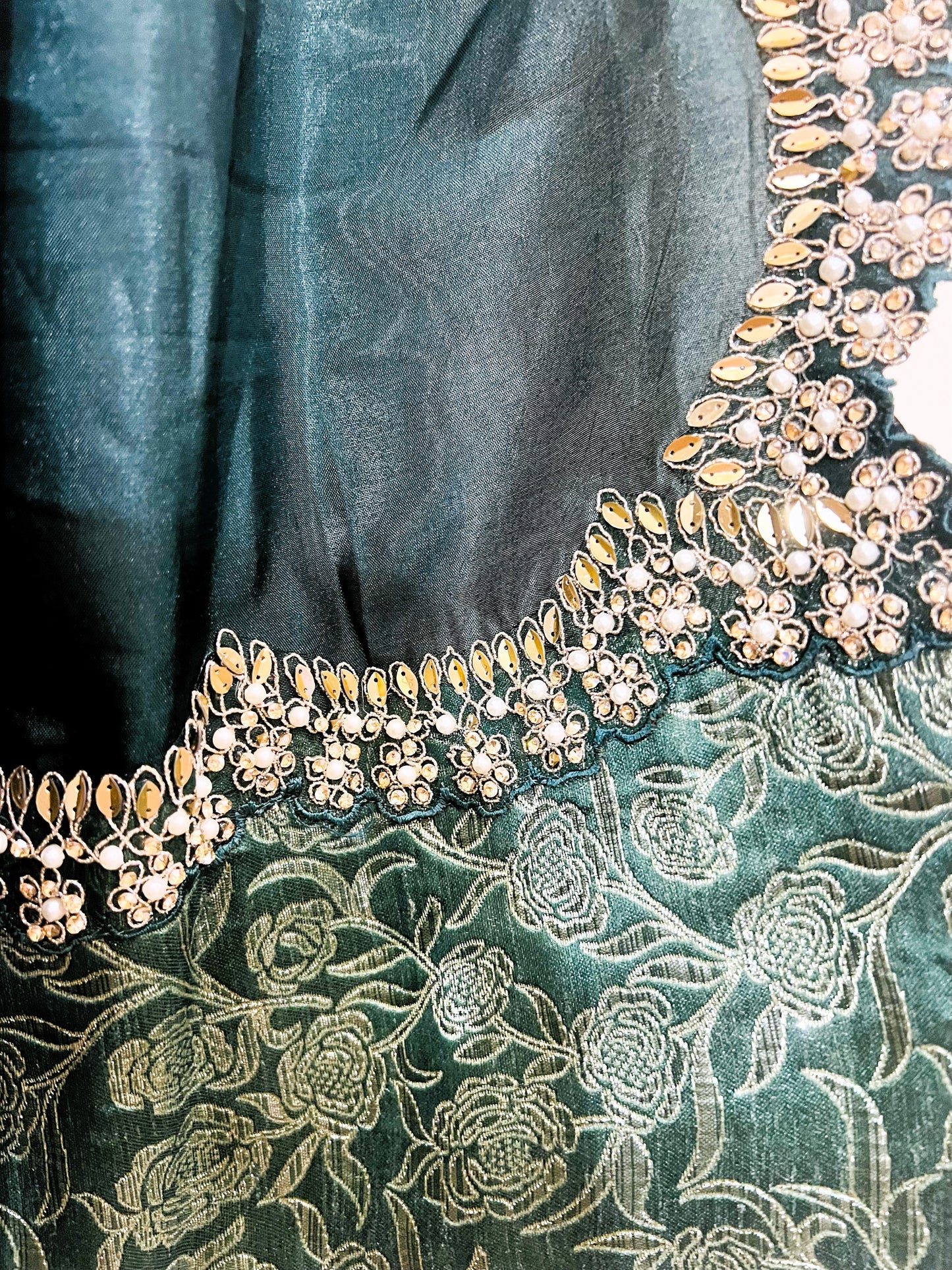 Forest Green Silk Saree with intricate cutwork Lace.