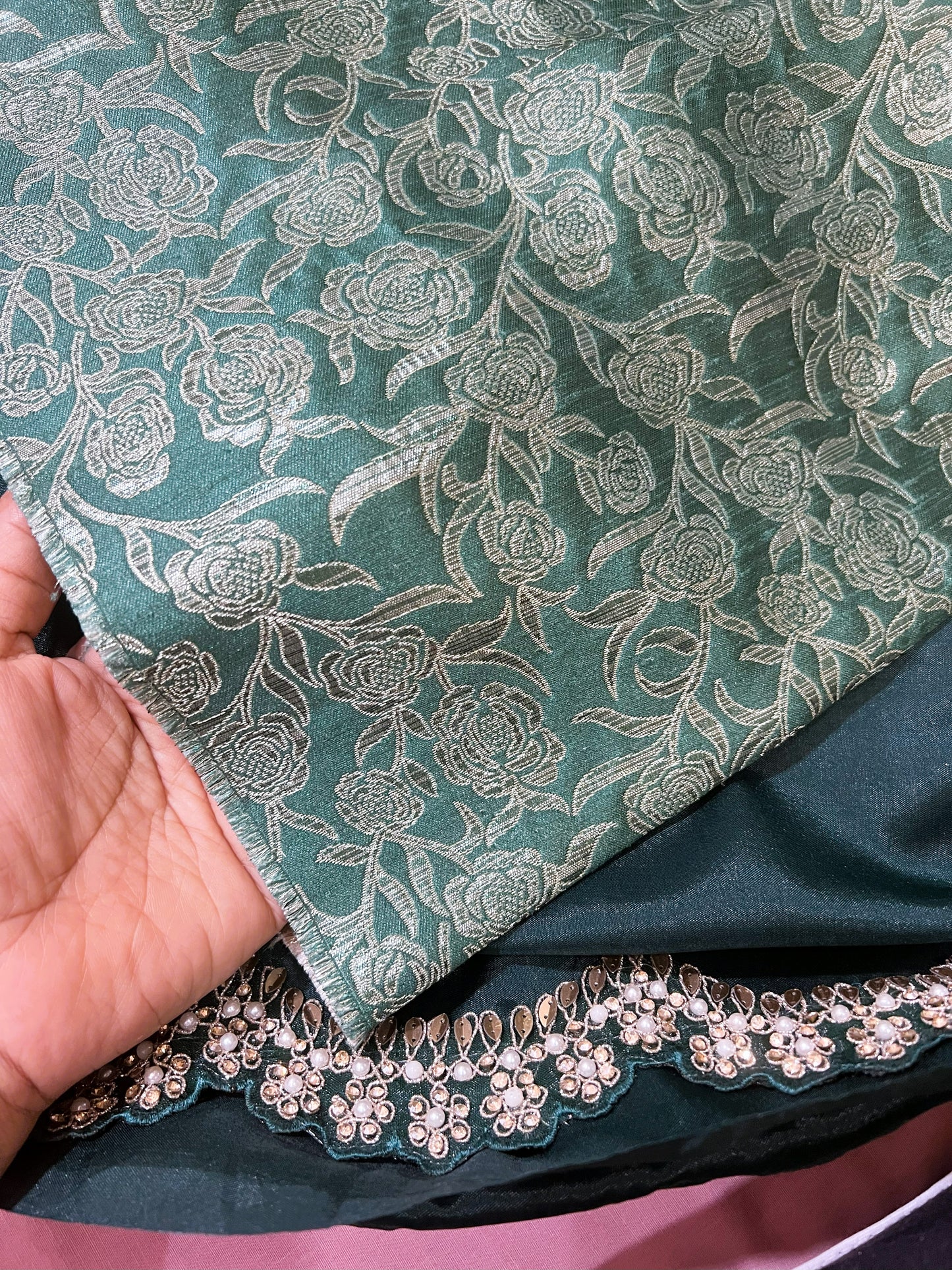 Forest Green Silk Saree with intricate cutwork Lace.
