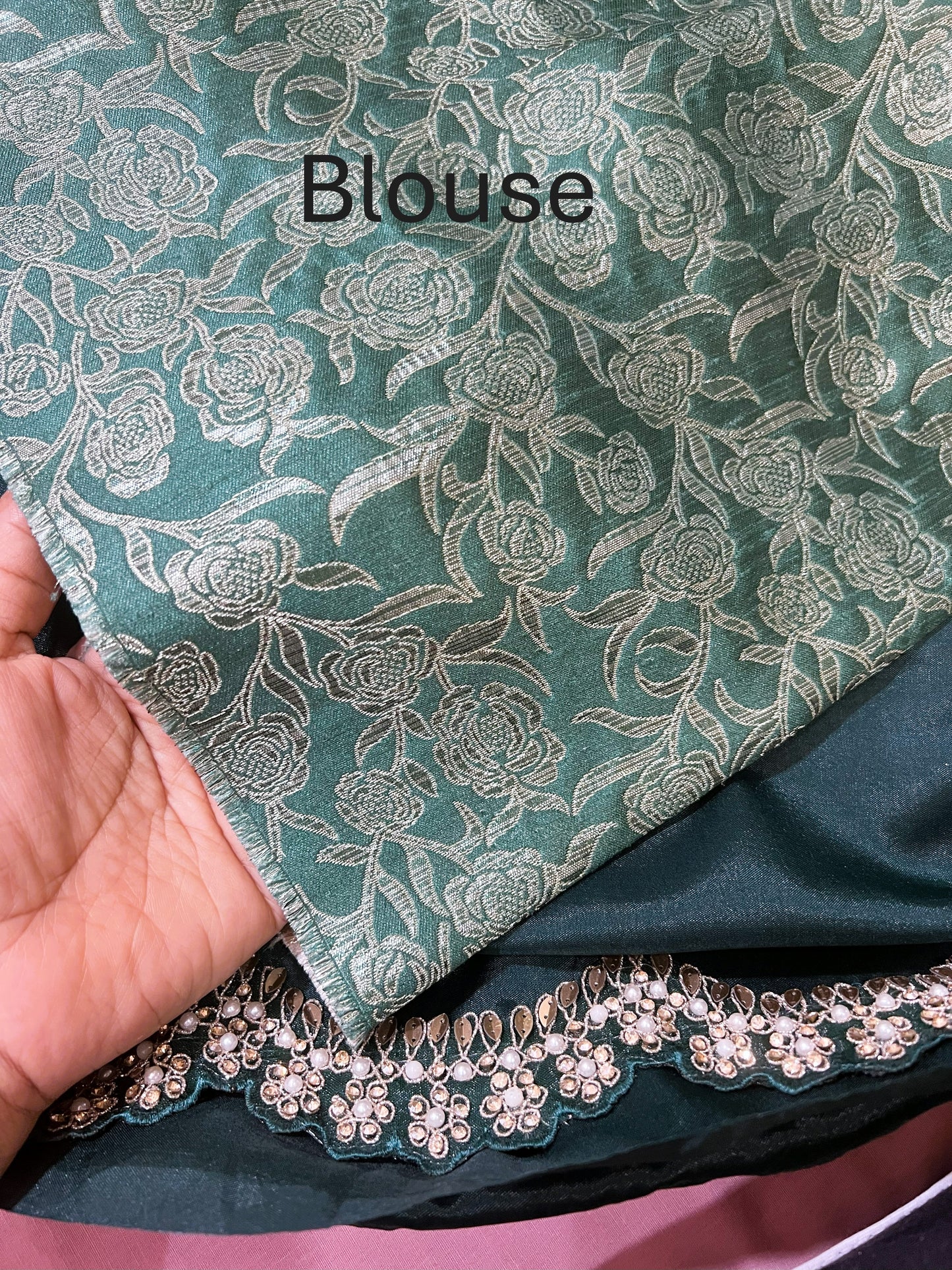 Forest Green Silk Saree with intricate cutwork Lace.