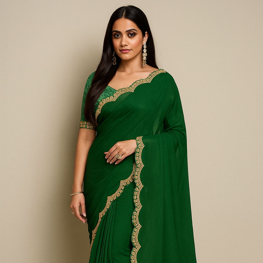 Forest Green Silk Saree with intricate cutwork Lace.