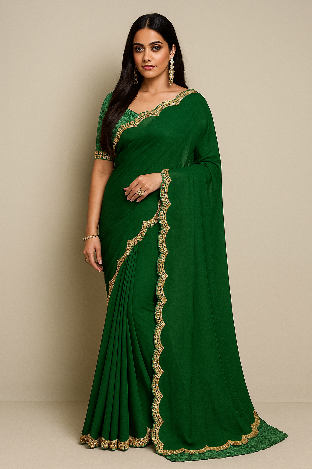 Forest Green Silk Saree with intricate cutwork Lace.