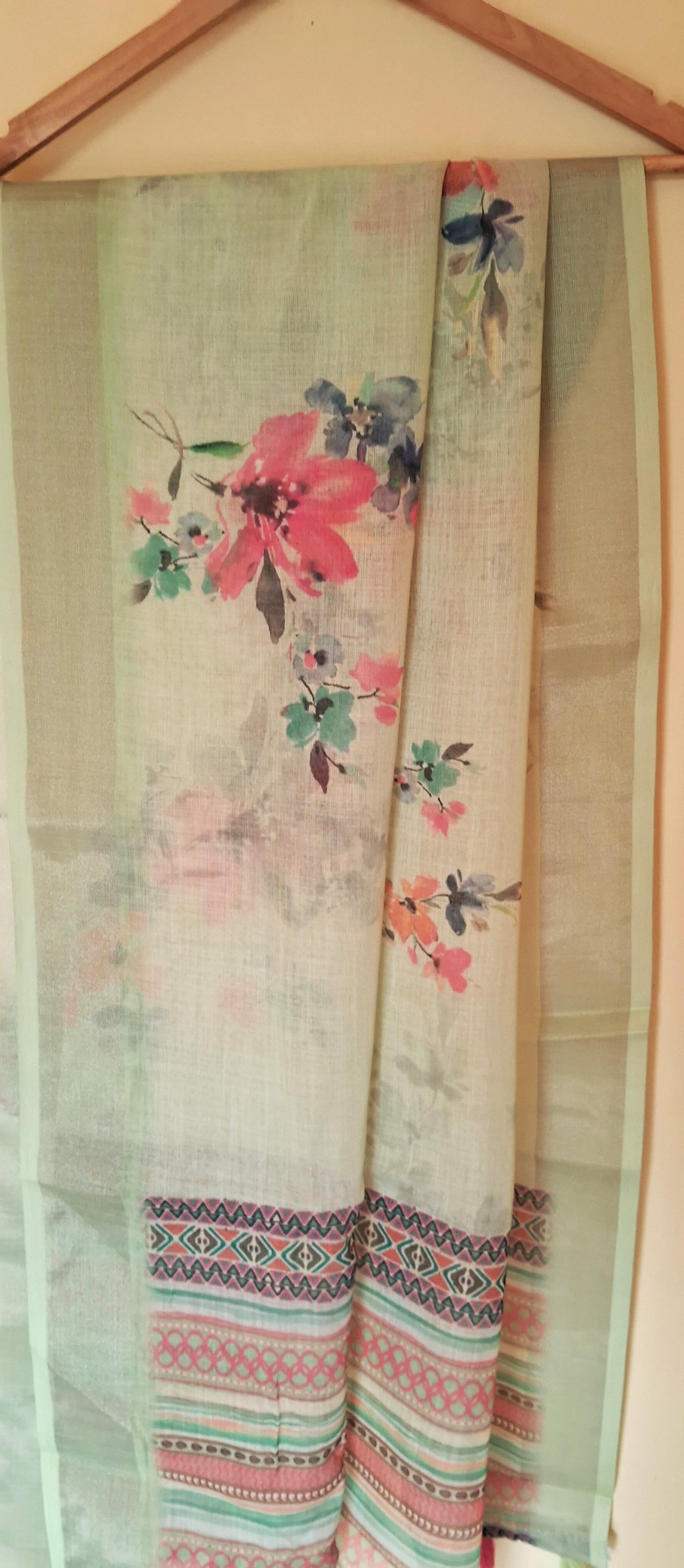 Pastel Green Linen Saree with Bougainvillea Print