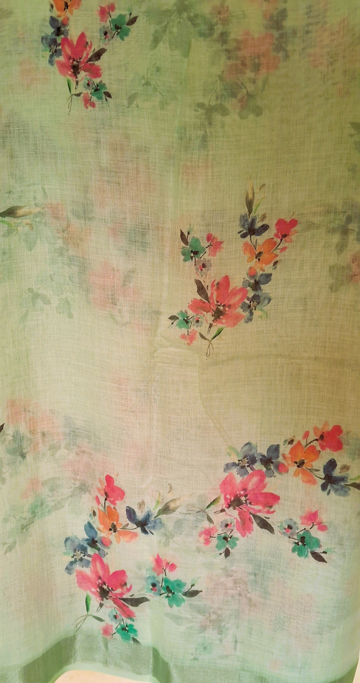 Pastel Green Linen Saree with Bougainvillea Print