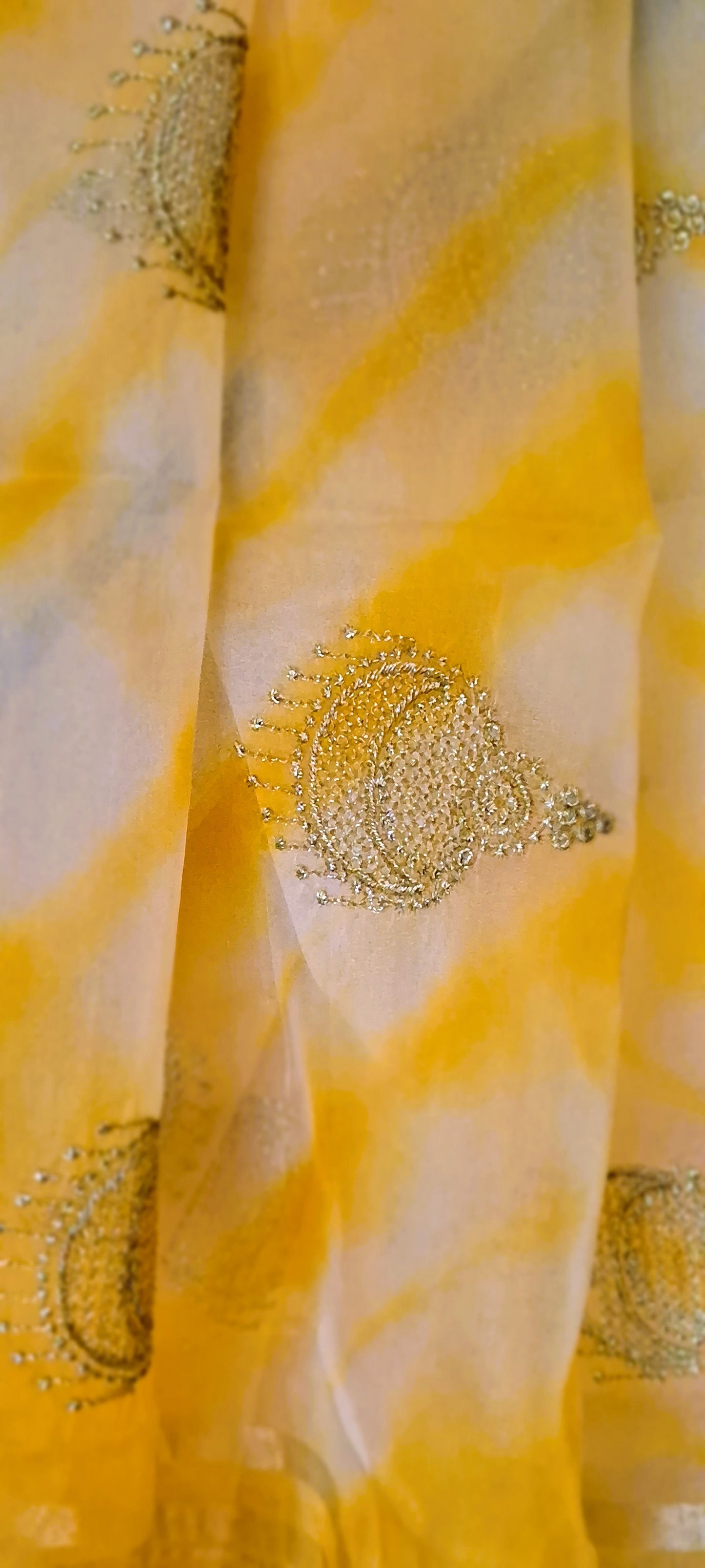 Shibori print, Yellow Organza Saree with Banarasi Zari border and Thread Embroidery