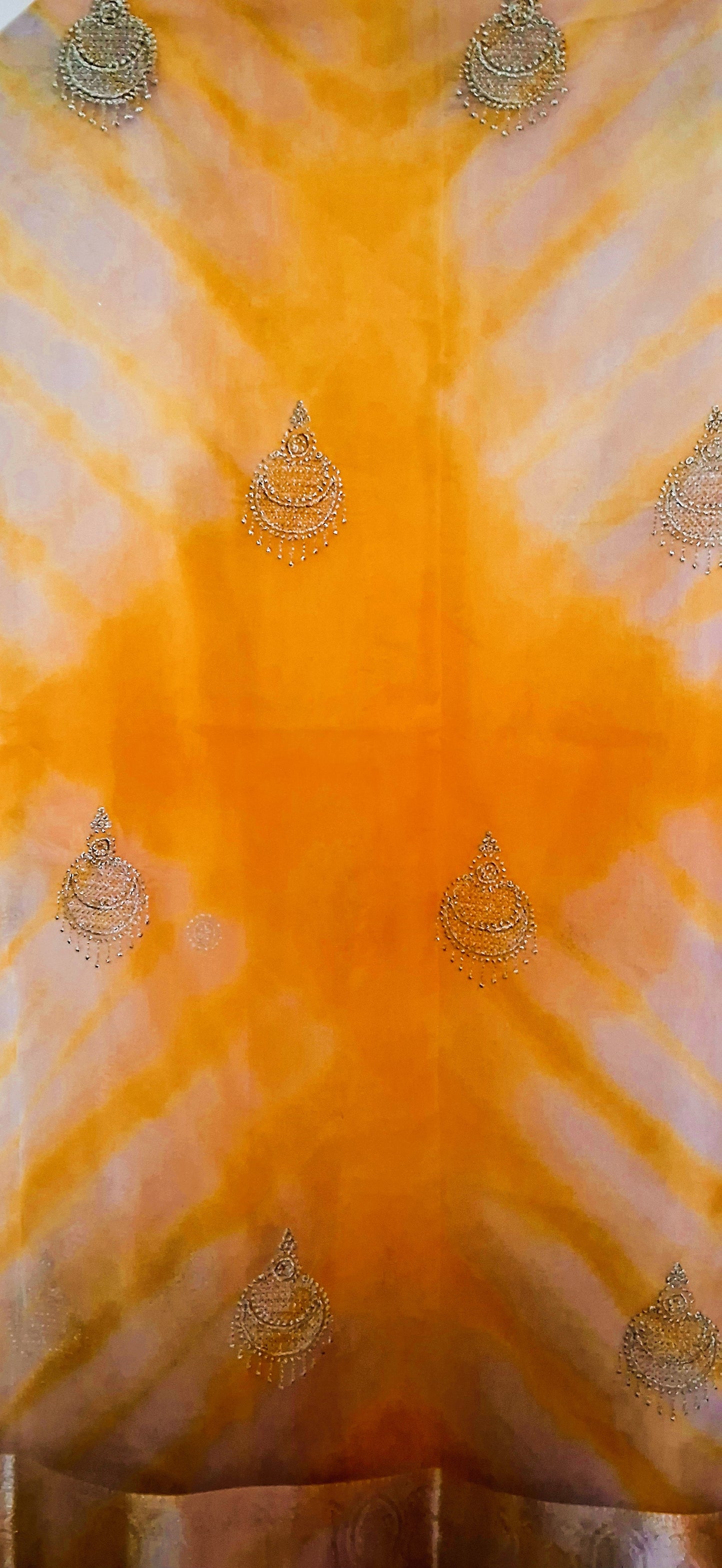 Shibori print, Yellow Organza Saree with Banarasi Zari border and Thread Embroidery