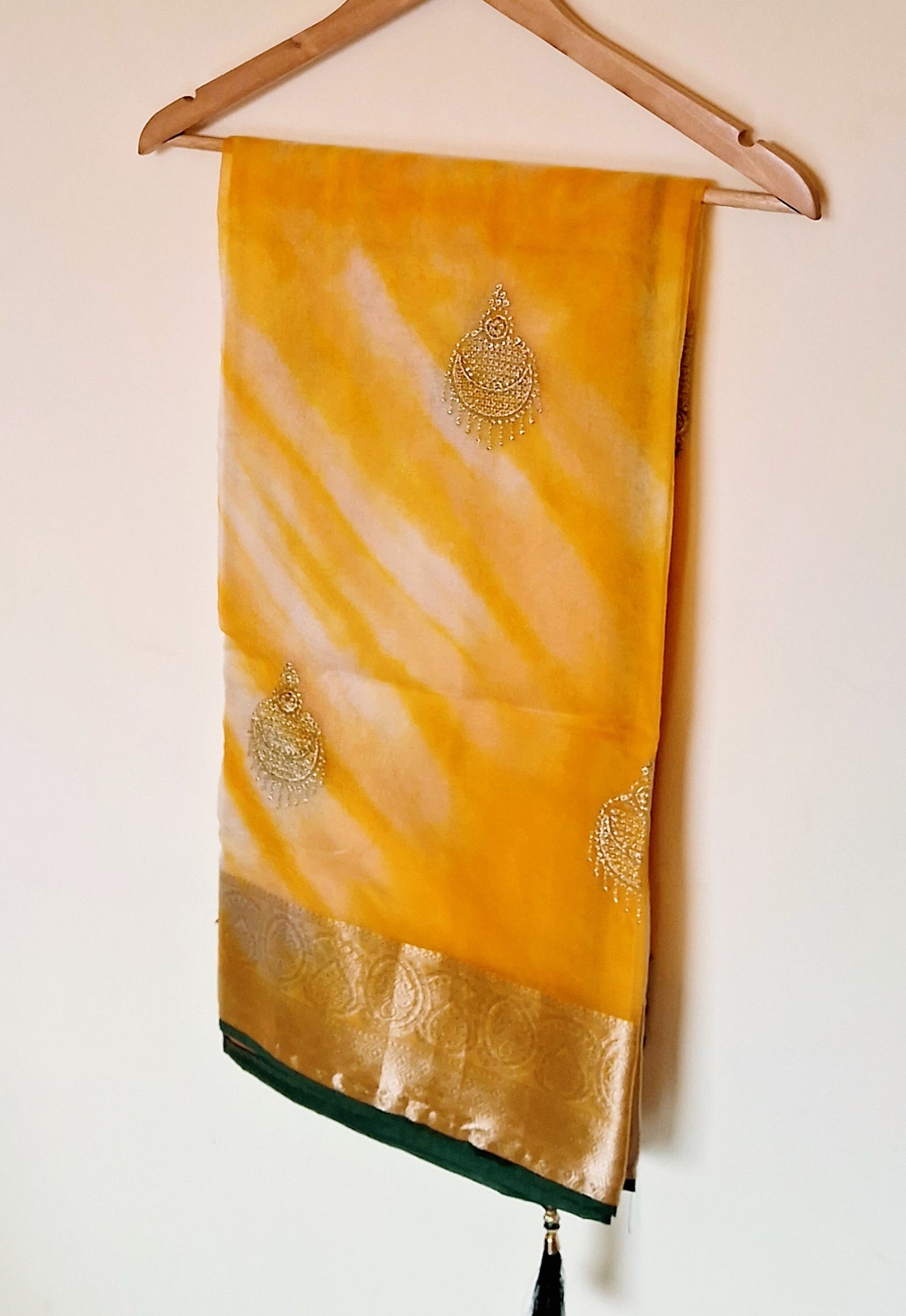 Shibori print, Yellow Organza Saree with Banarasi Zari border and Thread Embroidery