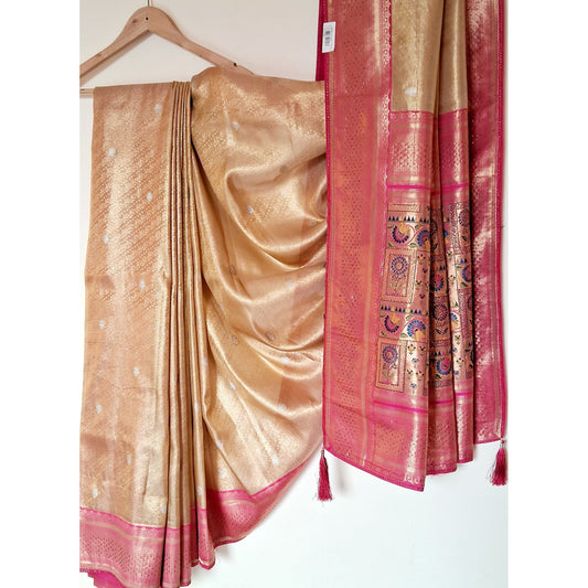 Silk Golden saree with pink border