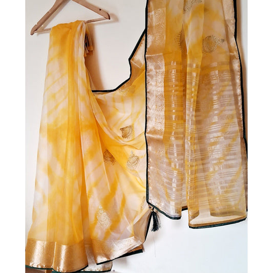 Shibori print, Yellow Organza Saree with Banarasi Zari border and Thread Embroidery