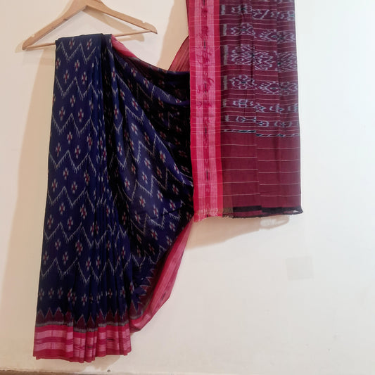 Sambalpuri Indigo saree with coral red Border.