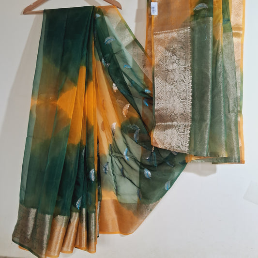 Green and Yellow Organza Saree with Zari Border
