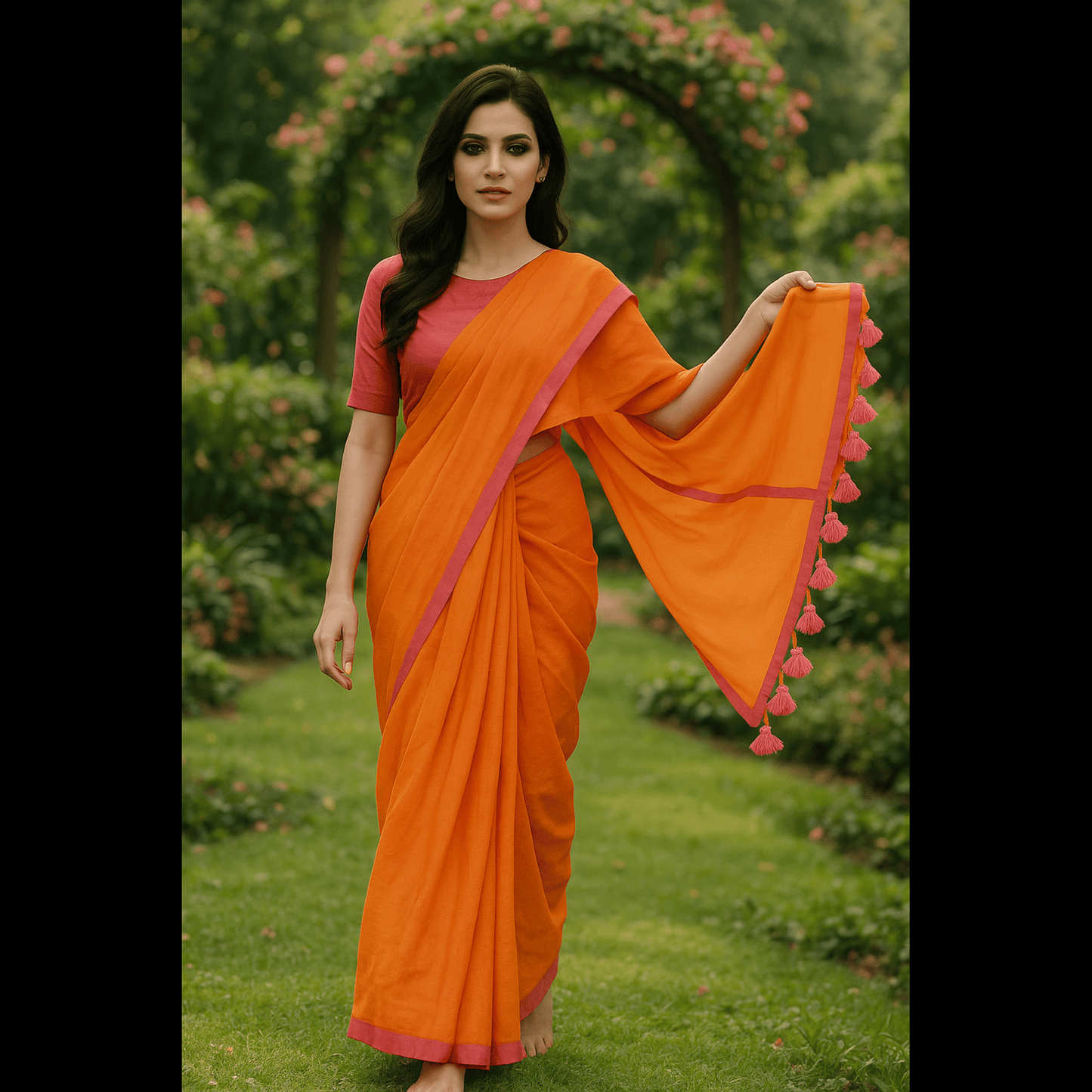 Orange Mul Cotton saree with Pink Border and Tassels