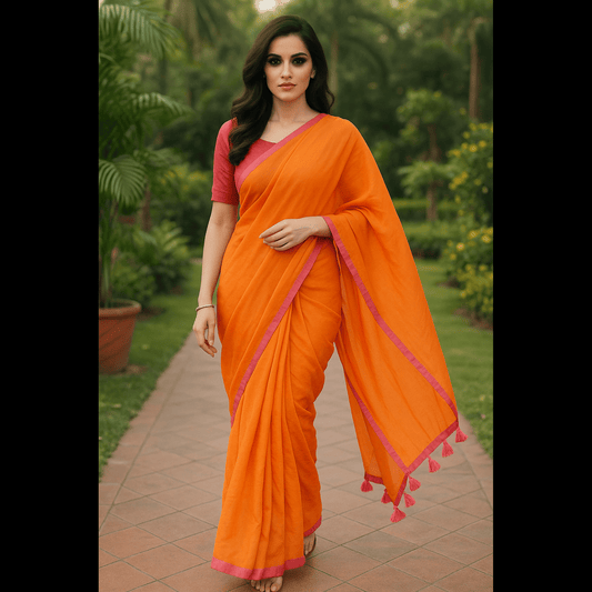 Orange Mul Cotton saree with Pink Border and Tassels