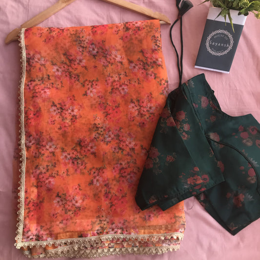 Burnt Orange A lil too much.(Organza floral print saree)