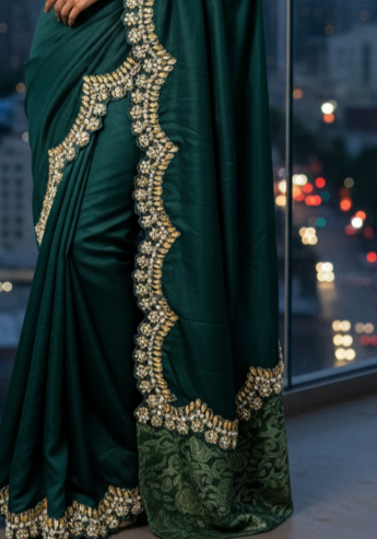 Forest Green Satin Silk Saree with intricate cutwork Lace.