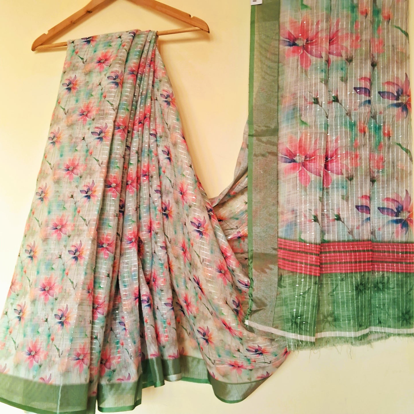 Light Green Floral (Lily) Print Linen Saree