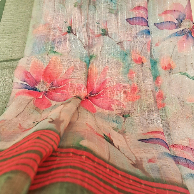 Light Green Floral (Lily) Print Linen Saree