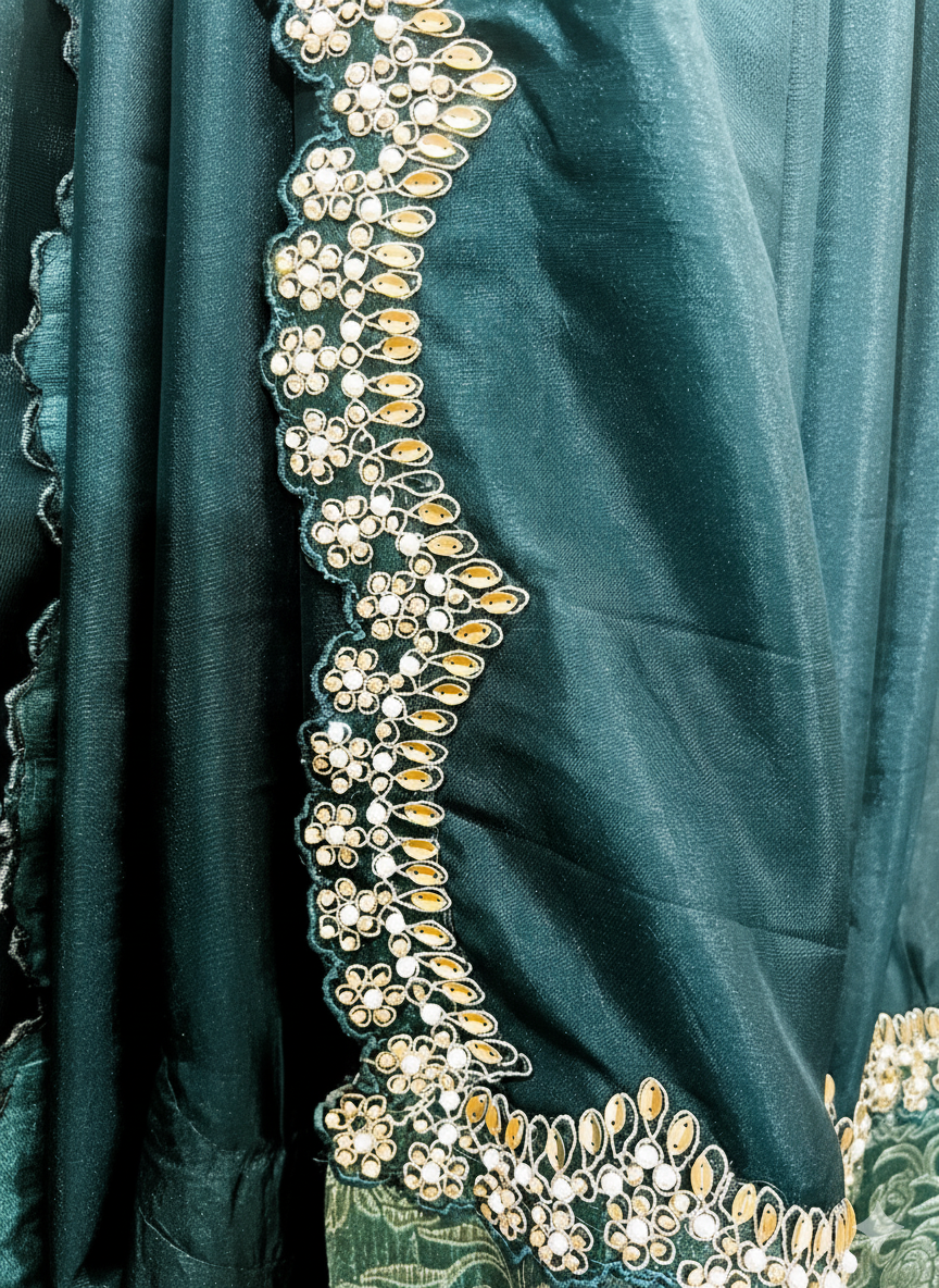 Forest Green Satin Silk Saree with intricate cutwork Lace.