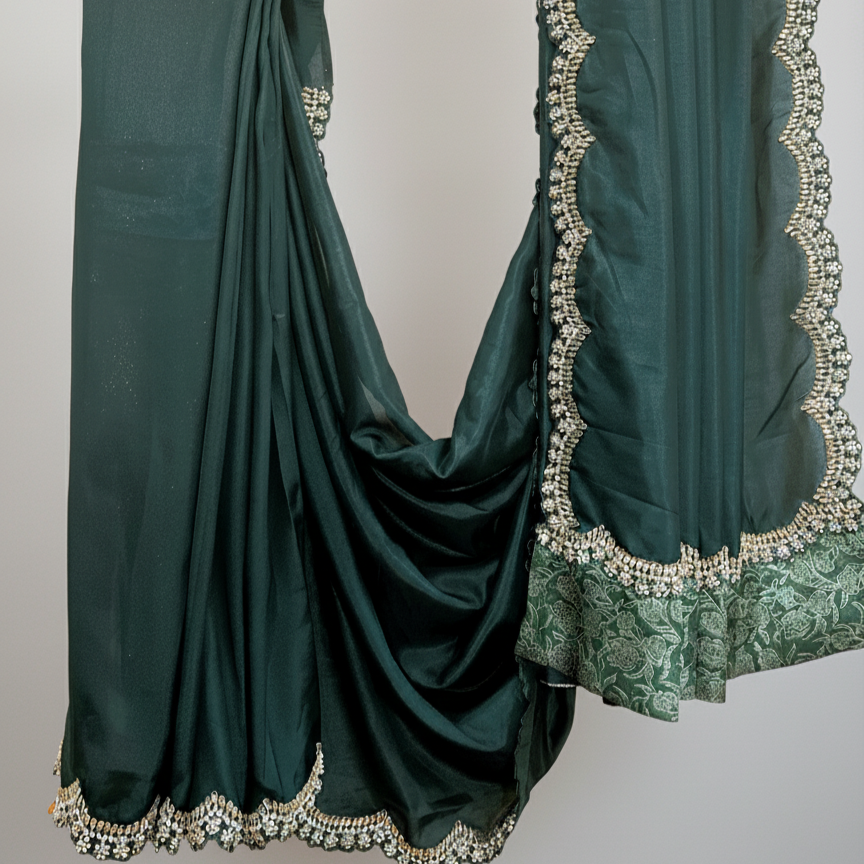 Forest Green Satin Silk Saree with intricate cutwork Lace.