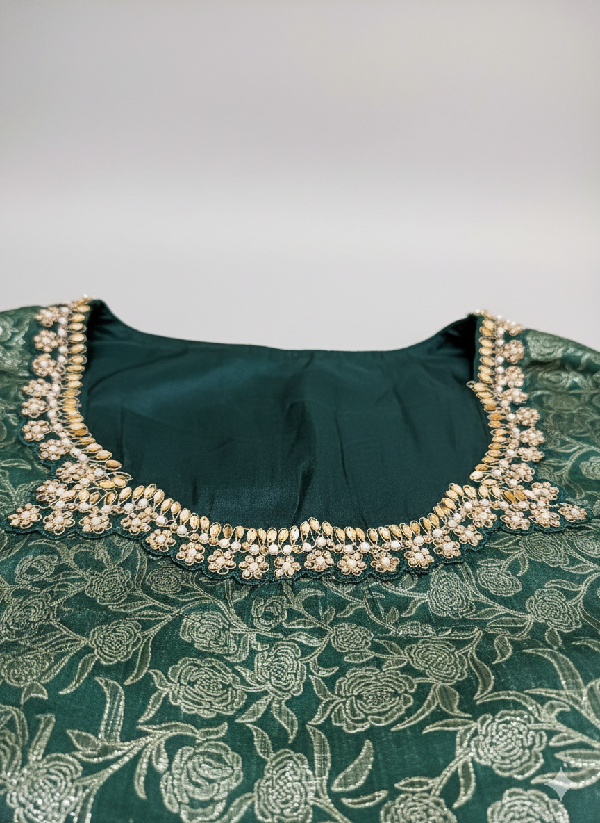 Forest Green Satin Silk Saree with intricate cutwork Lace.
