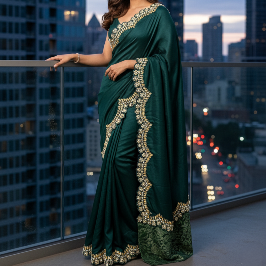 Forest Green Satin Silk Saree with intricate cutwork Lace.