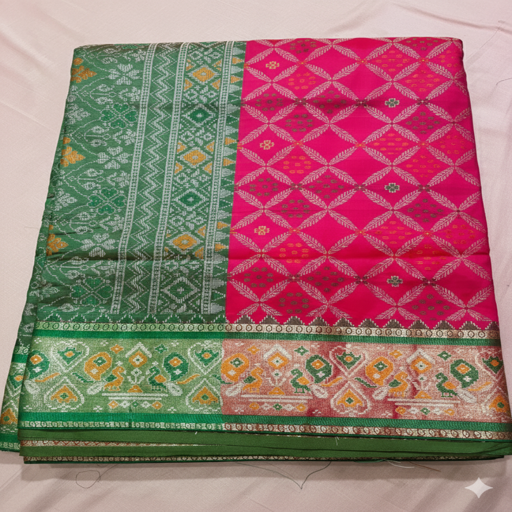 Magenta Pink Patola Saree with Green Palla