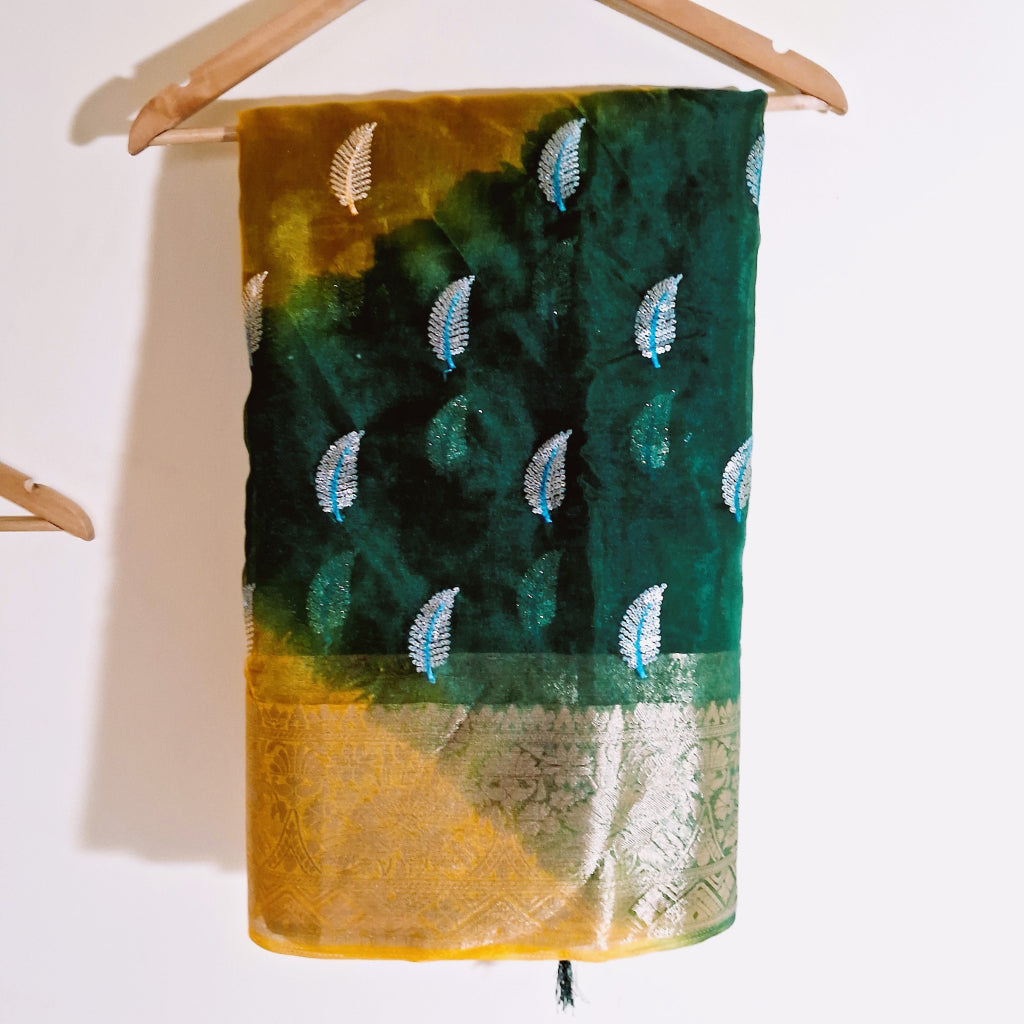 Green and Yellow Organza Saree with Zari Border