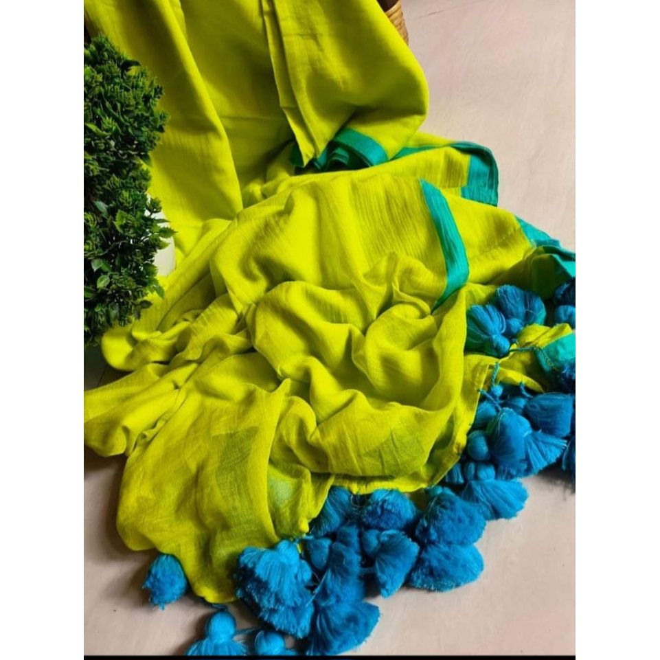 Neon Green Mul Cotton Saree with Tassels and Blue border