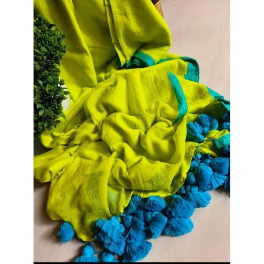 Neon Green Mul Cotton Saree with Tassels and Blue border