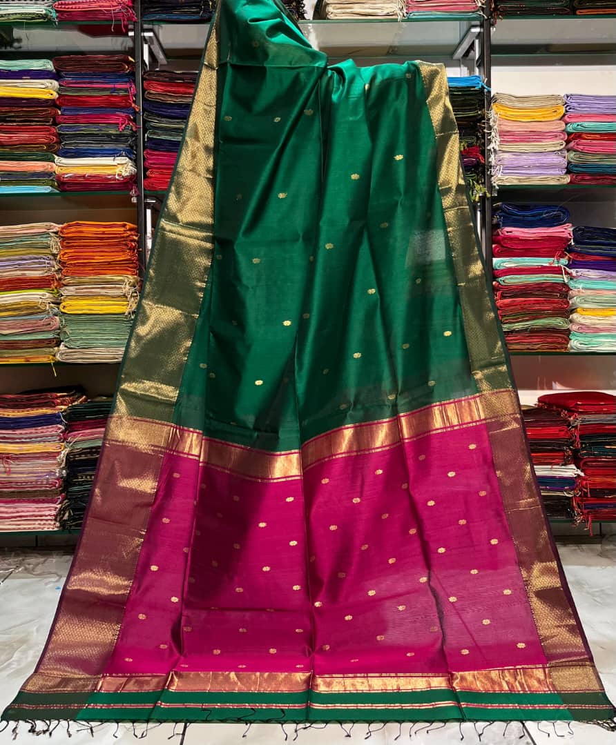 Manmohini (Green Maheswari Silk Saree with pink pallu)