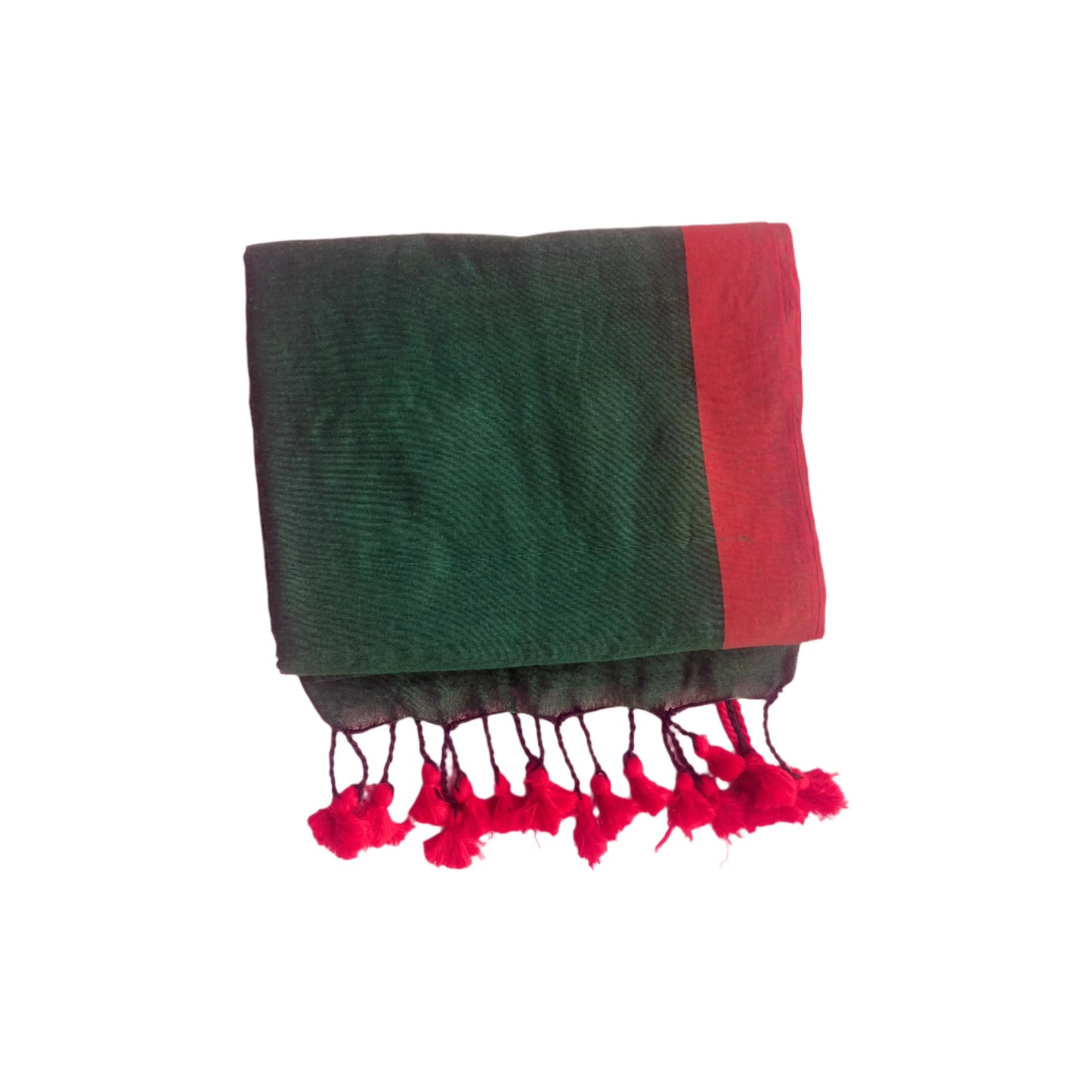 Dark Green Khadi Cotton Saree with Contrasting Red Border and soft Tassels
