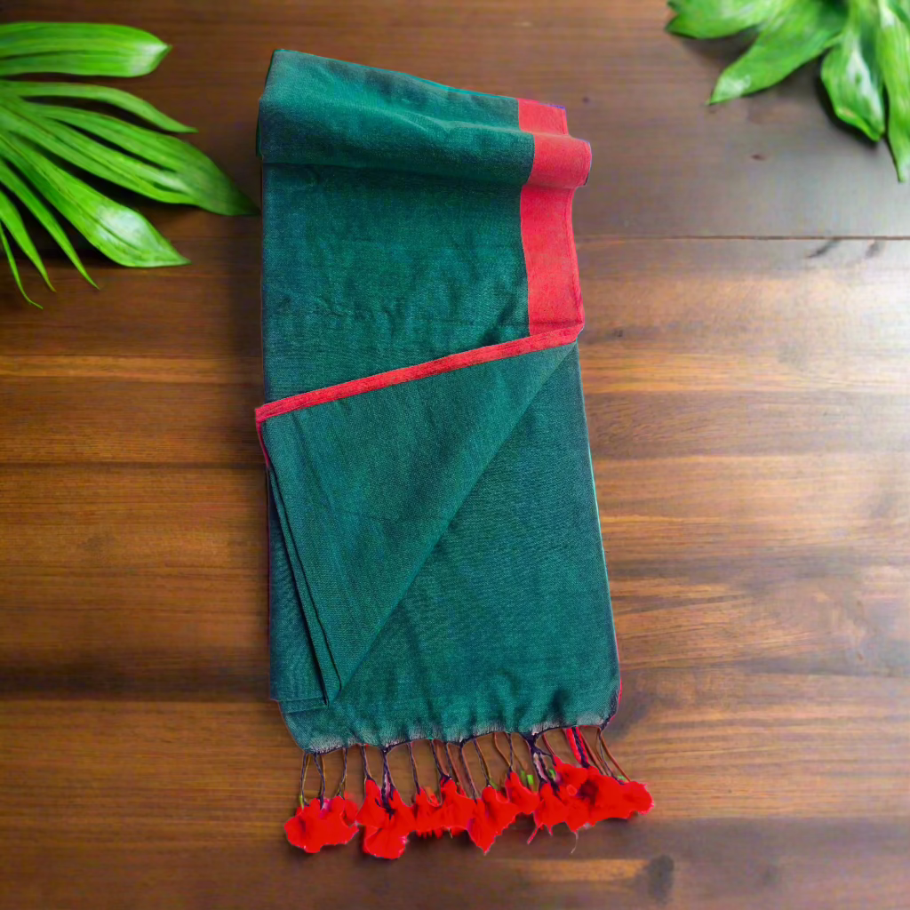 Dark Green Khadi Cotton Saree with Contrasting Red Border and soft Tassels