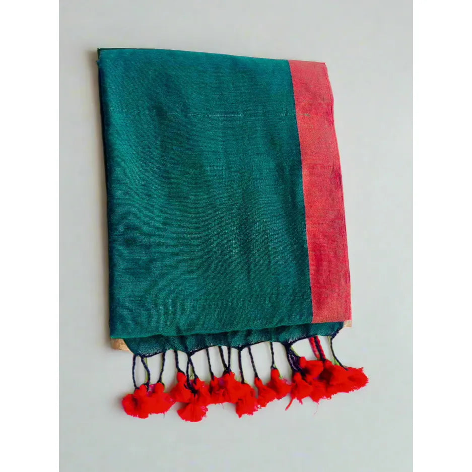 Dark Green Khadi Cotton Saree with Contrasting Red Border and soft Tassels