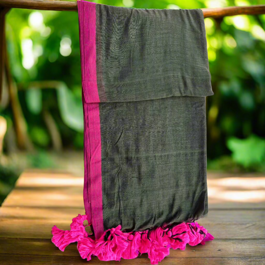 Olive Green Mul Cotton Saree with Pink Tassels