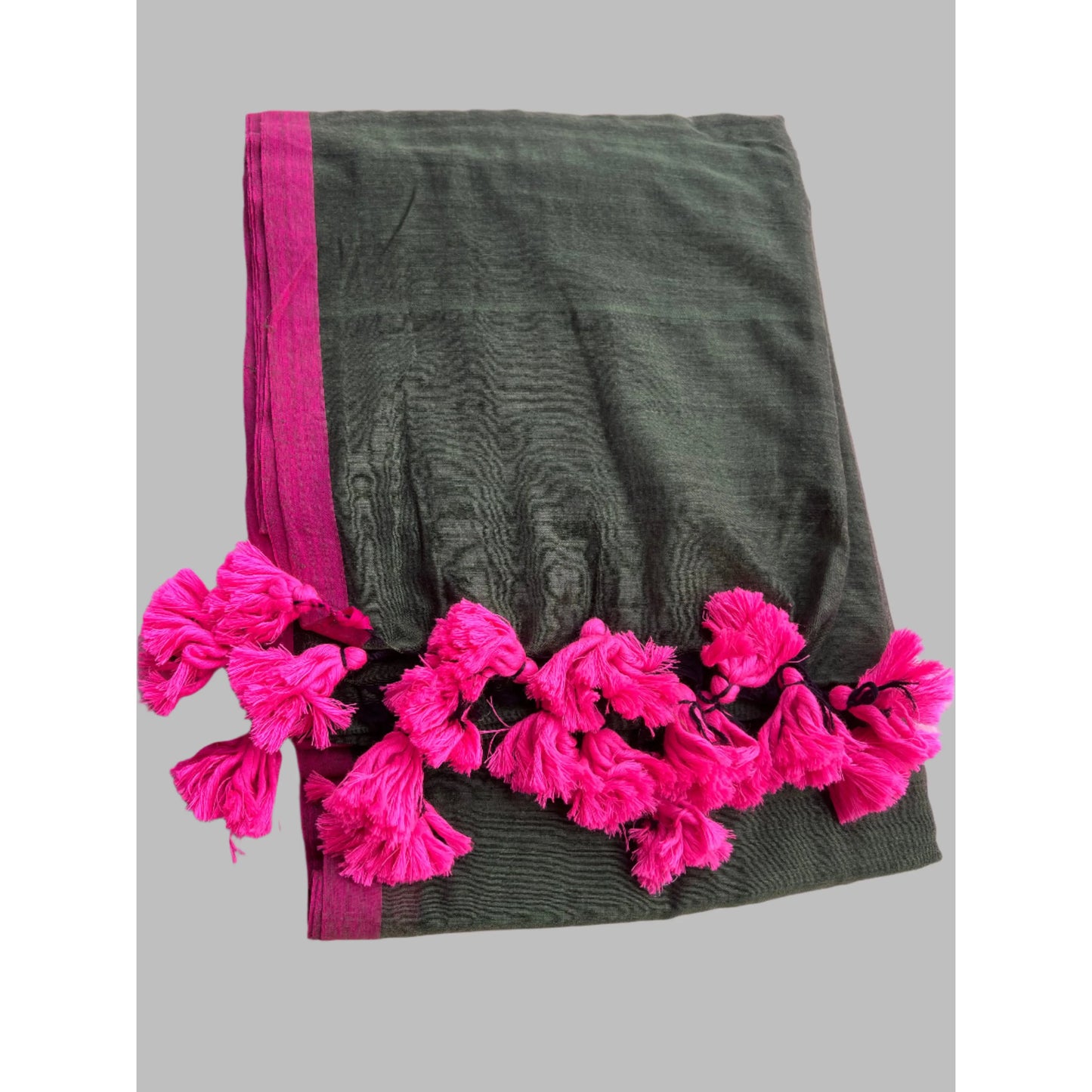 Olive Green Mul Cotton Saree with Pink Tassels