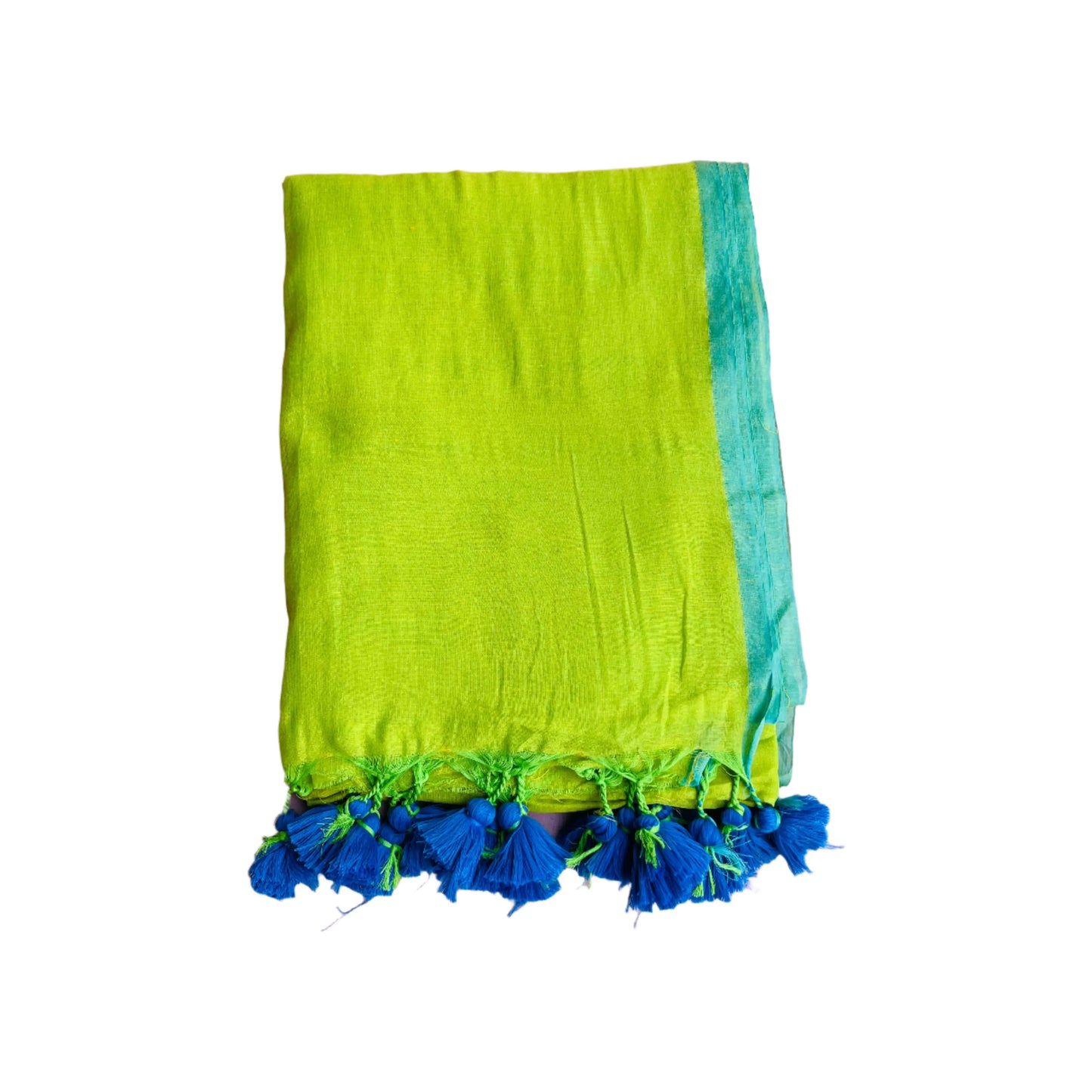 Neon Green Mul Cotton Saree with Tassels and Blue border